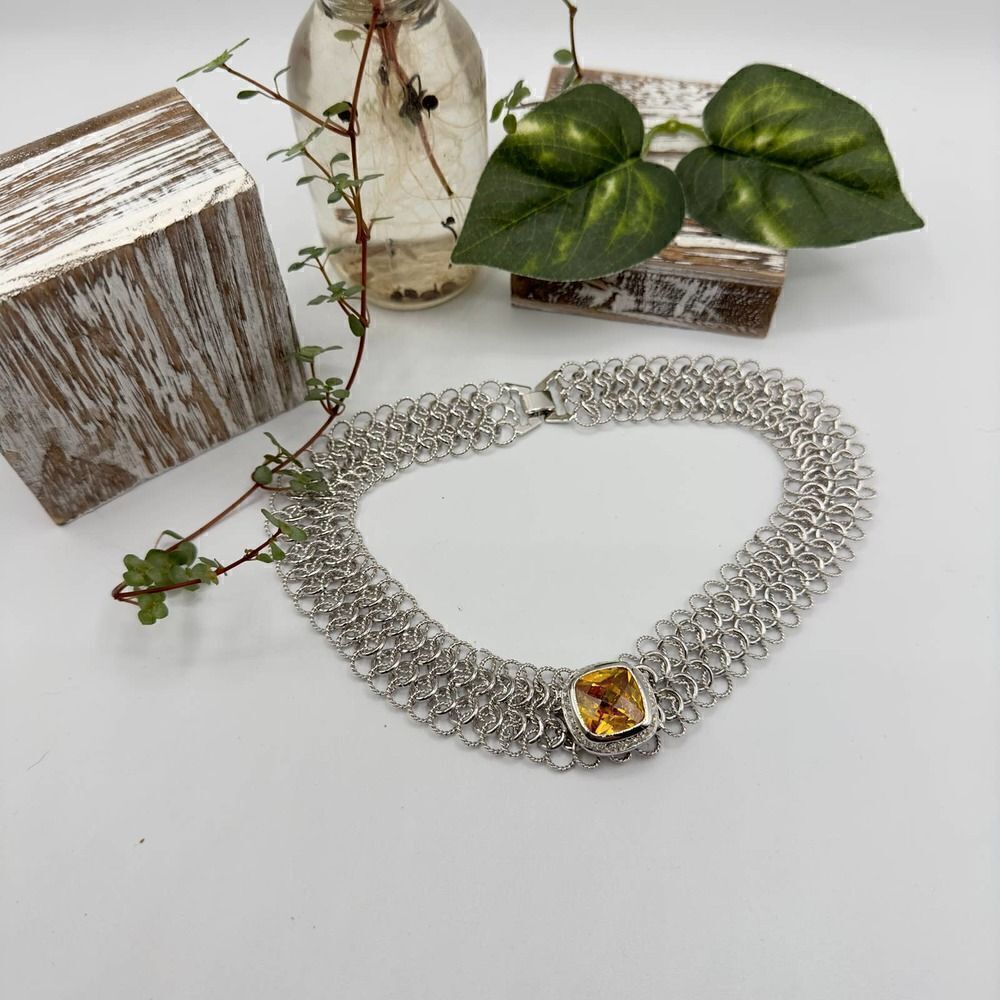 Vintage Citrine Topaz CZ Silver Choker Statement Necklace